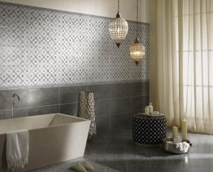 Geometric tiles useful in bathroom remodeling.