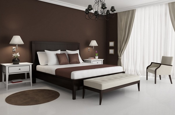 White and brown bedroom interior design.