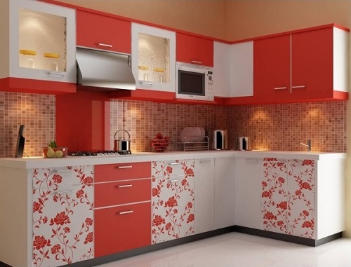 Red color lovely kitchen design for home.