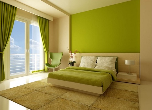 Green, Yellow color theme bedroom interior decor.