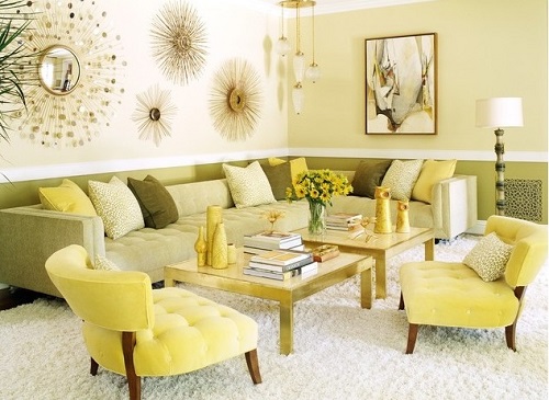 Green and yellow color sofas for living room.