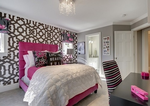 Grey and Pink color theme bedroom interior decor.