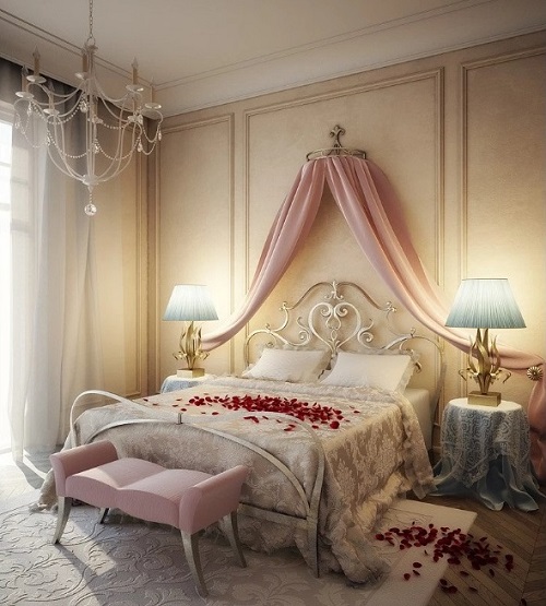 Romantic bedroom designs with roses on the white bed