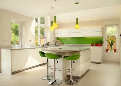 Yellow, Green kitchen interior design.