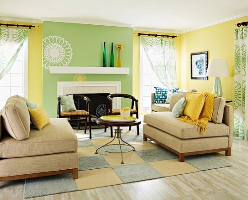 Yellow and green living room walls.