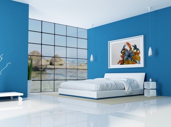 Bright blue color basement bedroom design idea.