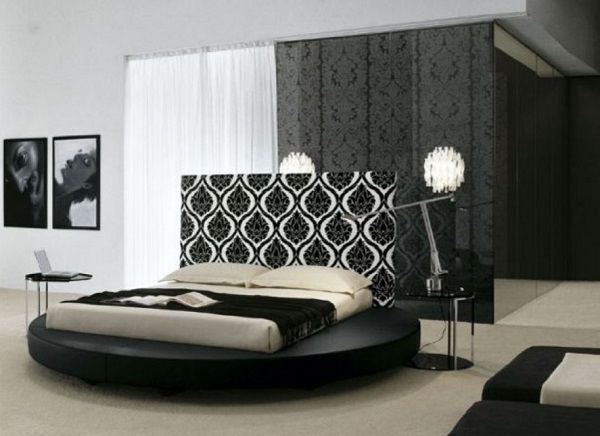 Elegant white and black bedroom design photo.