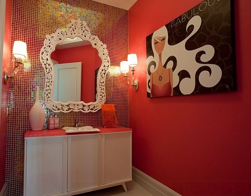 Feminine glamour wallpaper ideas for bathroom.