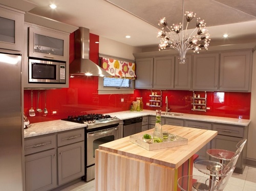 Red kitchen interior walls with oak wood paint.