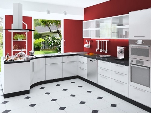 White cabinets to decorate red kitchen interior with red hot walls