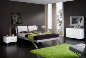 Black bedroom complimented with green rug