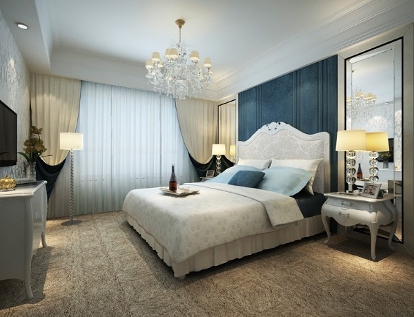 luxury bedroom design of blue color walls