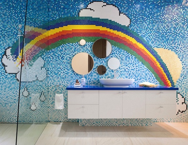 Rainbow themed bathroom decor