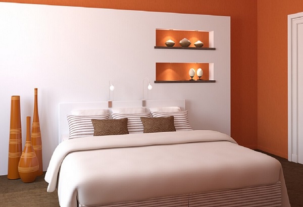 Orange-white color bedroom interior designs.