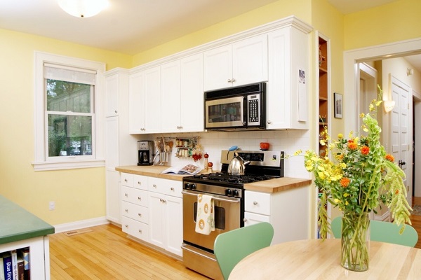 White kitchen cabinets for yellow kitchen decoration