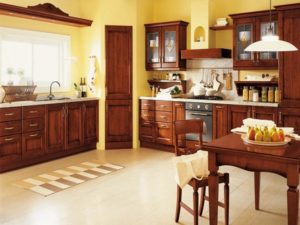 Beautiful brown-yellow kitchen decor.