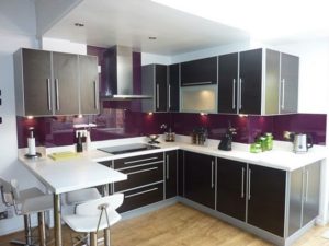 Purple and grey color kitchen interior design