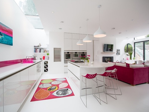 Stylish open pink kitchen design with white theme