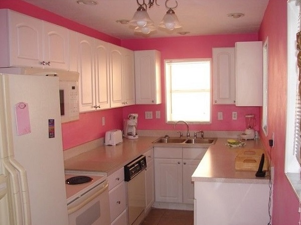 White cabinets for pink color kitchen