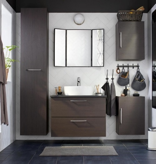 Beautiful bathroom decor with cabinets, countertop, baskets for storage