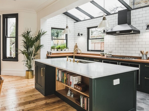 Industrial dark green kitchen design in vintage style