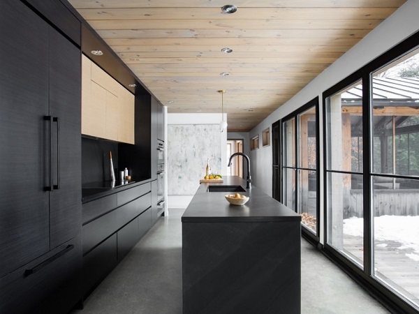 Black kitchen countertop design and cabinets