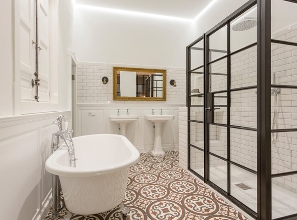 Decorative tiles floor of modern bathroom