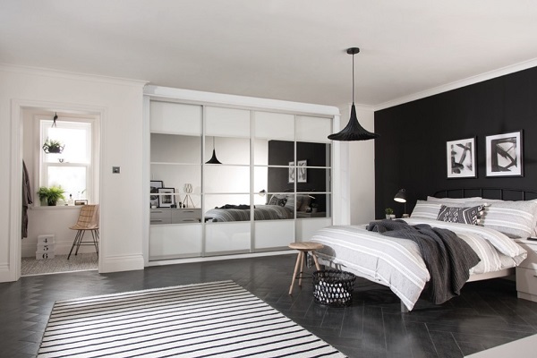 Beautiful mirror wardrobes for black-white bedroom