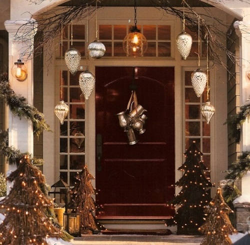 Beautiful Christmas door decorated with Christmas trees