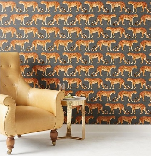 Leopards design wallpaper on living room wall