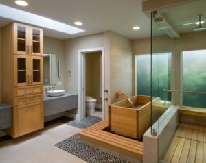 Japanese soaking tub installed in bathroom at California