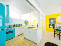 White kitchen island decor with yellow countertop and walls White kitchen island decor with yellow countertop and walls